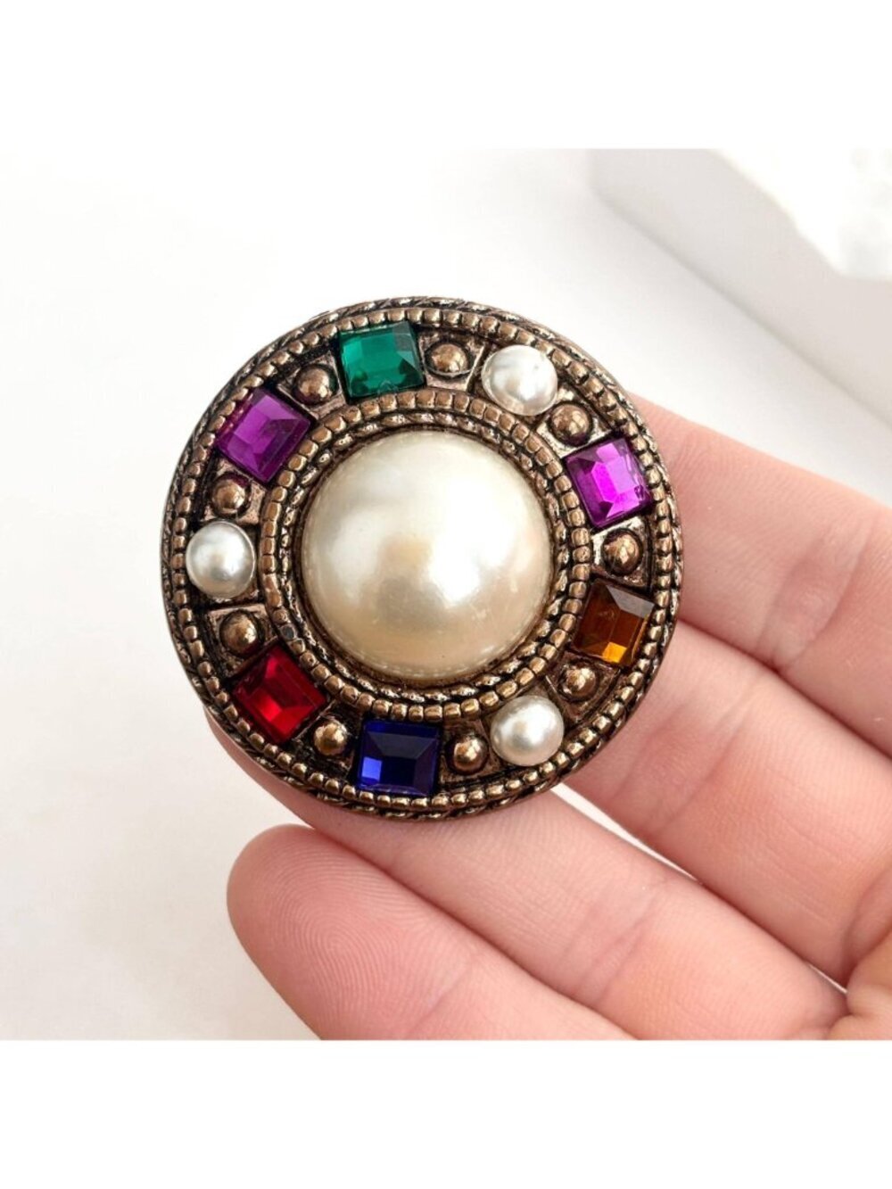 Rainbow Rhinestone Faux Pearl Colorful 80's Vintage Costume Jewelry Brooch - Picture 6 of 10